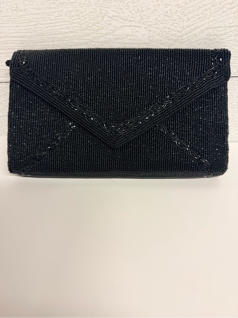 Vintage Saks Fifth Avenue Black Hand Beaded Evening Envelope Clutch *No Chain*